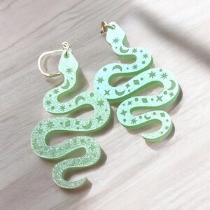 Green Snake Earrings - pastel goth glitter shimmer etched acrylic mystical